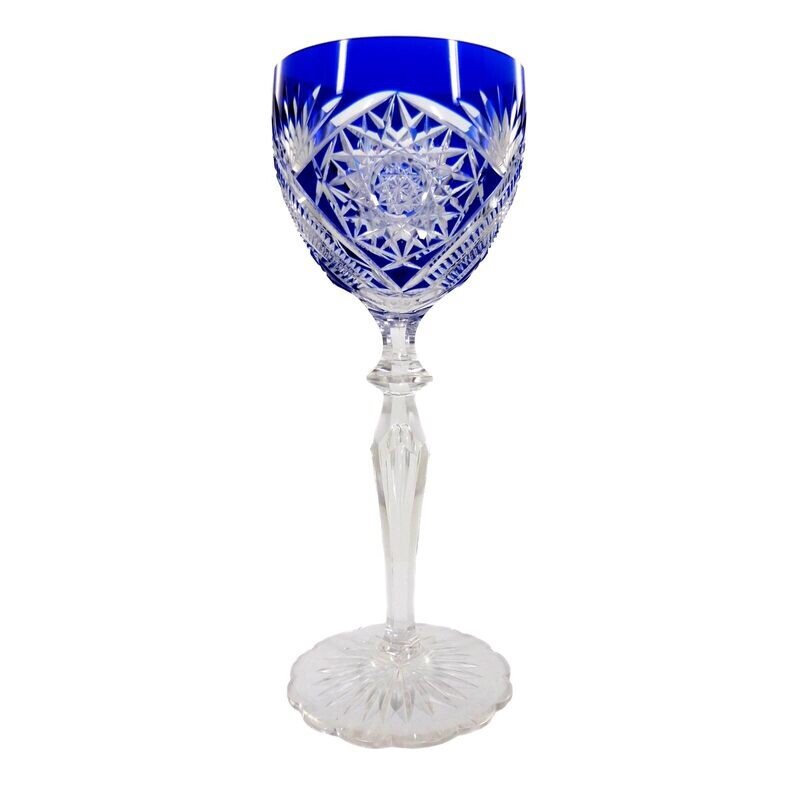 1st of 6. Magnificently cut stem glass with cobalt blue overlay