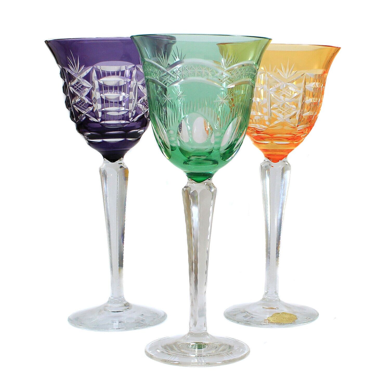 3 stem glasses with different colored overlays, Saxony or Thuringia around 1940