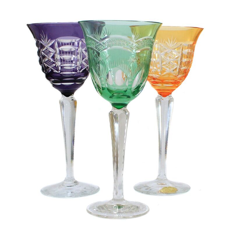 3 stem glasses with different colored overlays, Saxony or Thuringia around 1940