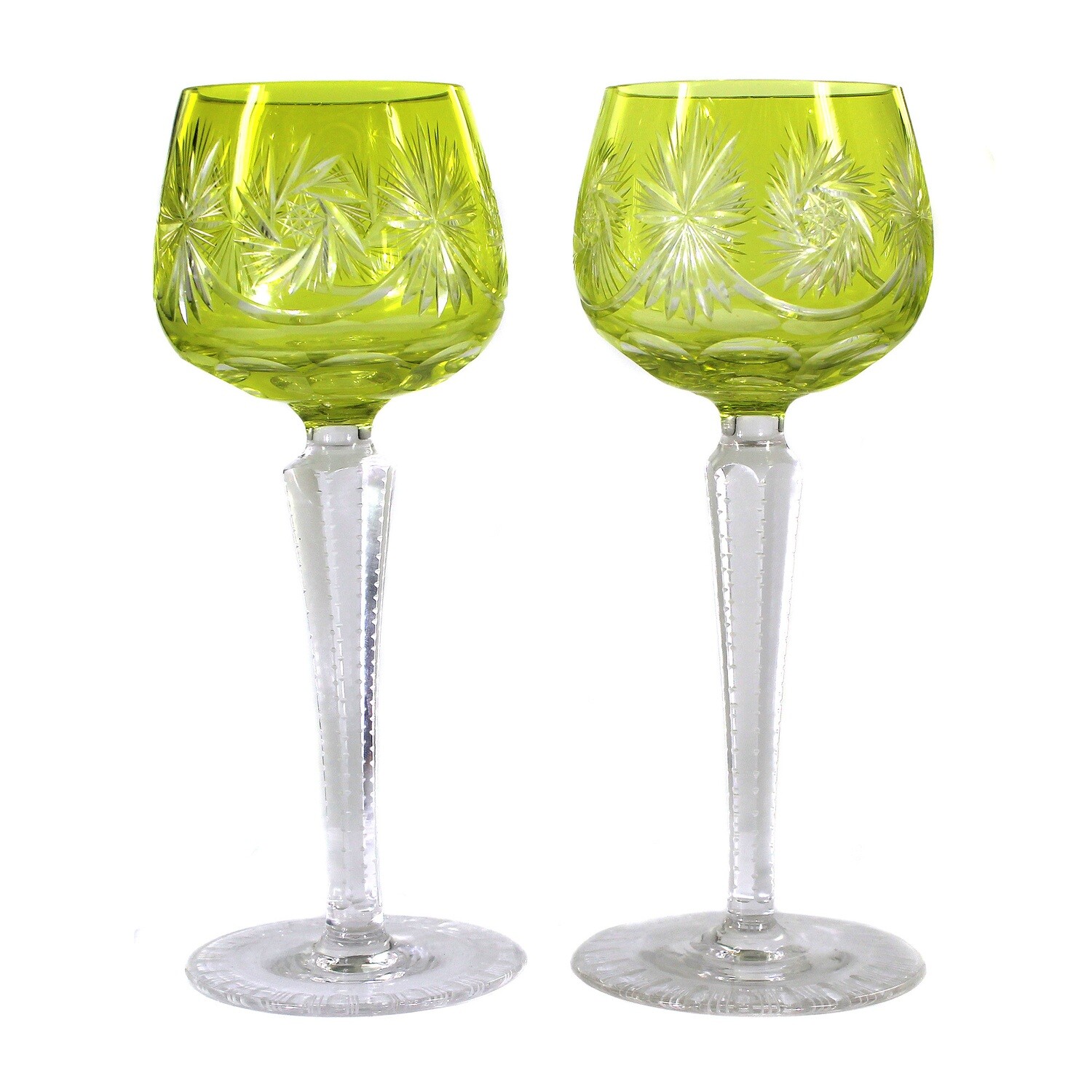 2 stemmed glass with green-yellow overlay and decorative cut decoration, Lausitzer Glaswerke