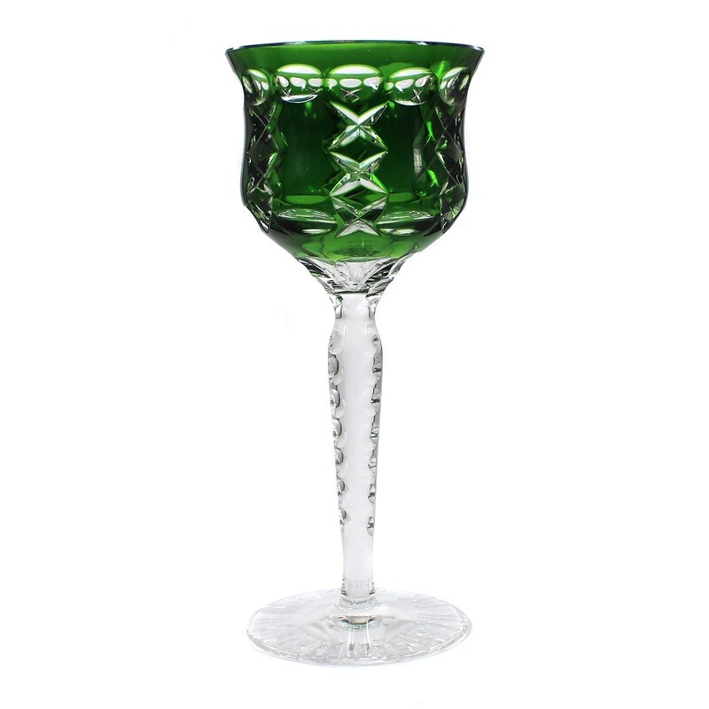 Heavy stem glass with dark green overlay and decorative cut decoration, around 1930