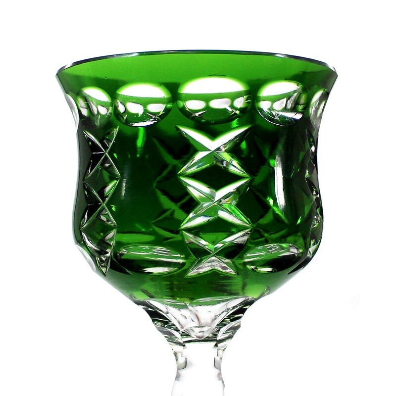 Heavy stem glass with dark green overlay and decorative cut decoration, around 1930