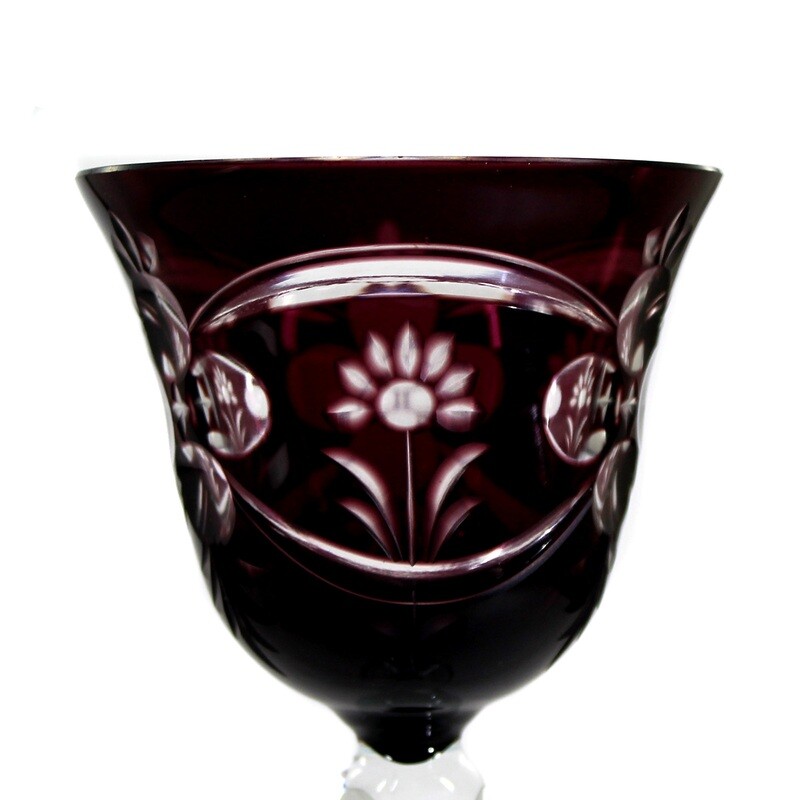 Stem glass with purple overlay and floral decoration, around 1930