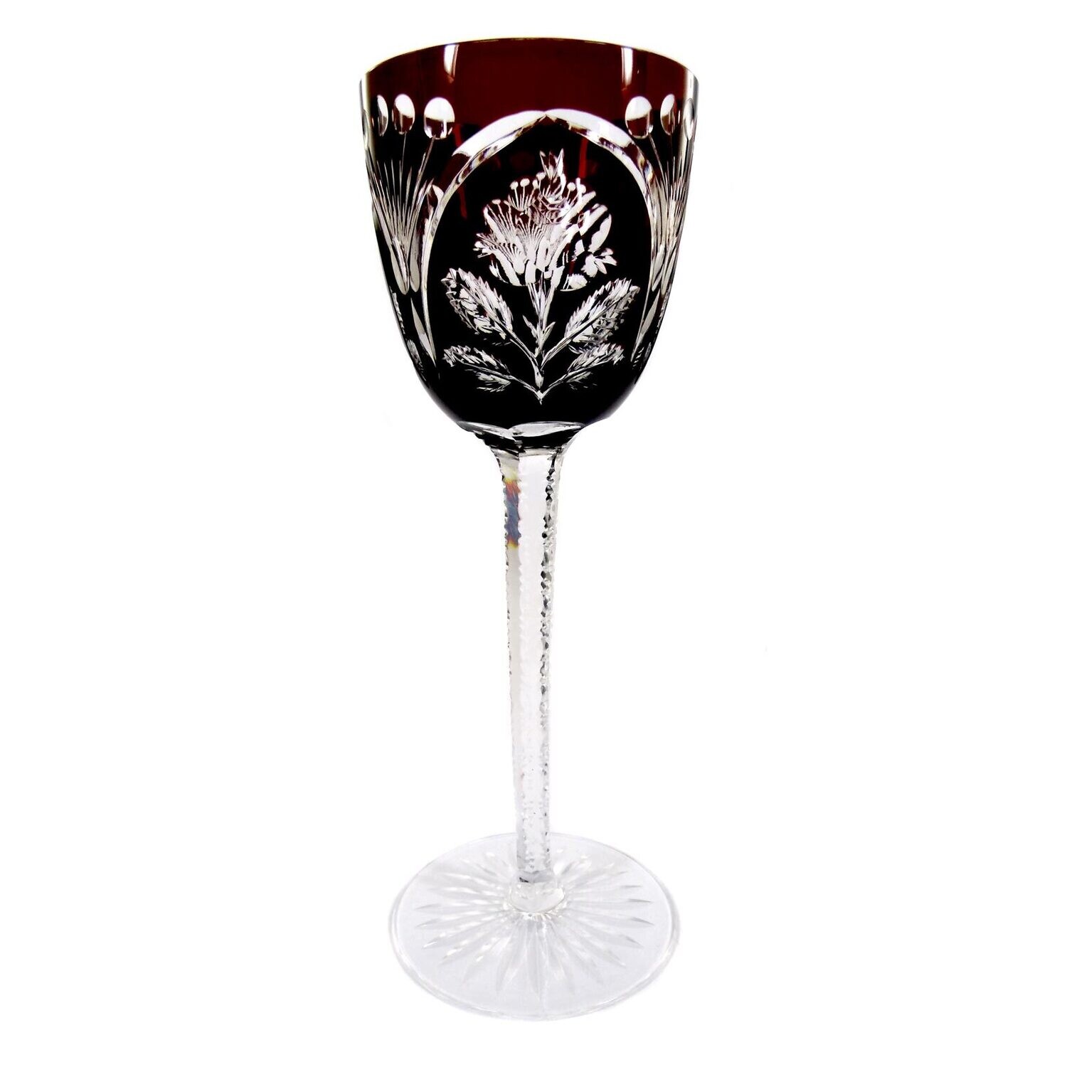 Stem glass with ruby red overlay and cut flowers, ca. 1925-30.