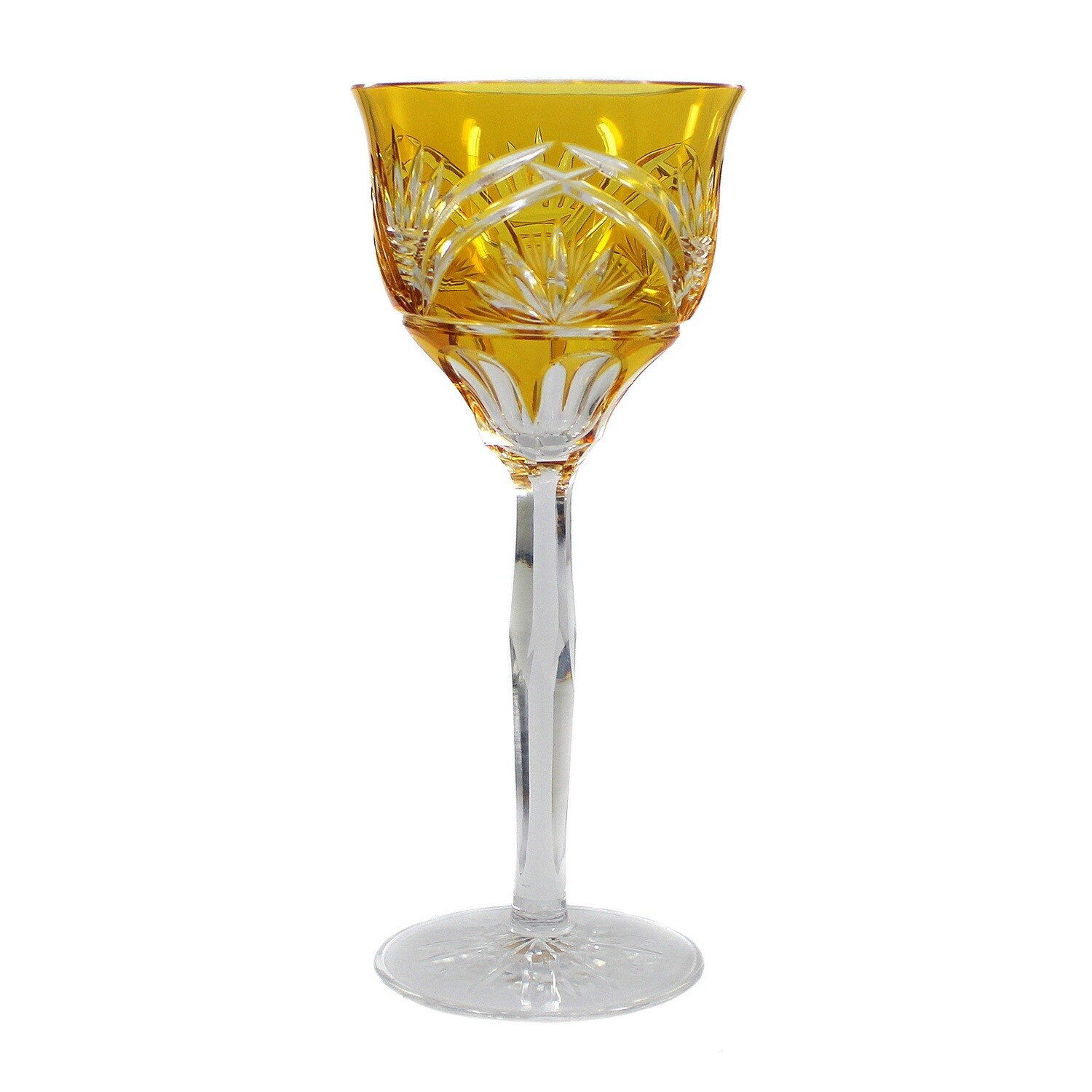 Stem glass with orange-yellow overlay and decorative cut decoration, around 1930