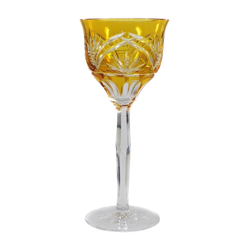 Stem glass with orange-yellow overlay and decorative cut decoration, around 1930