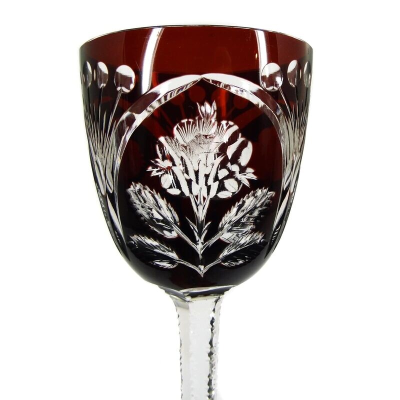 Stem glass with ruby red overlay and cut flowers, ca. 1925-30.