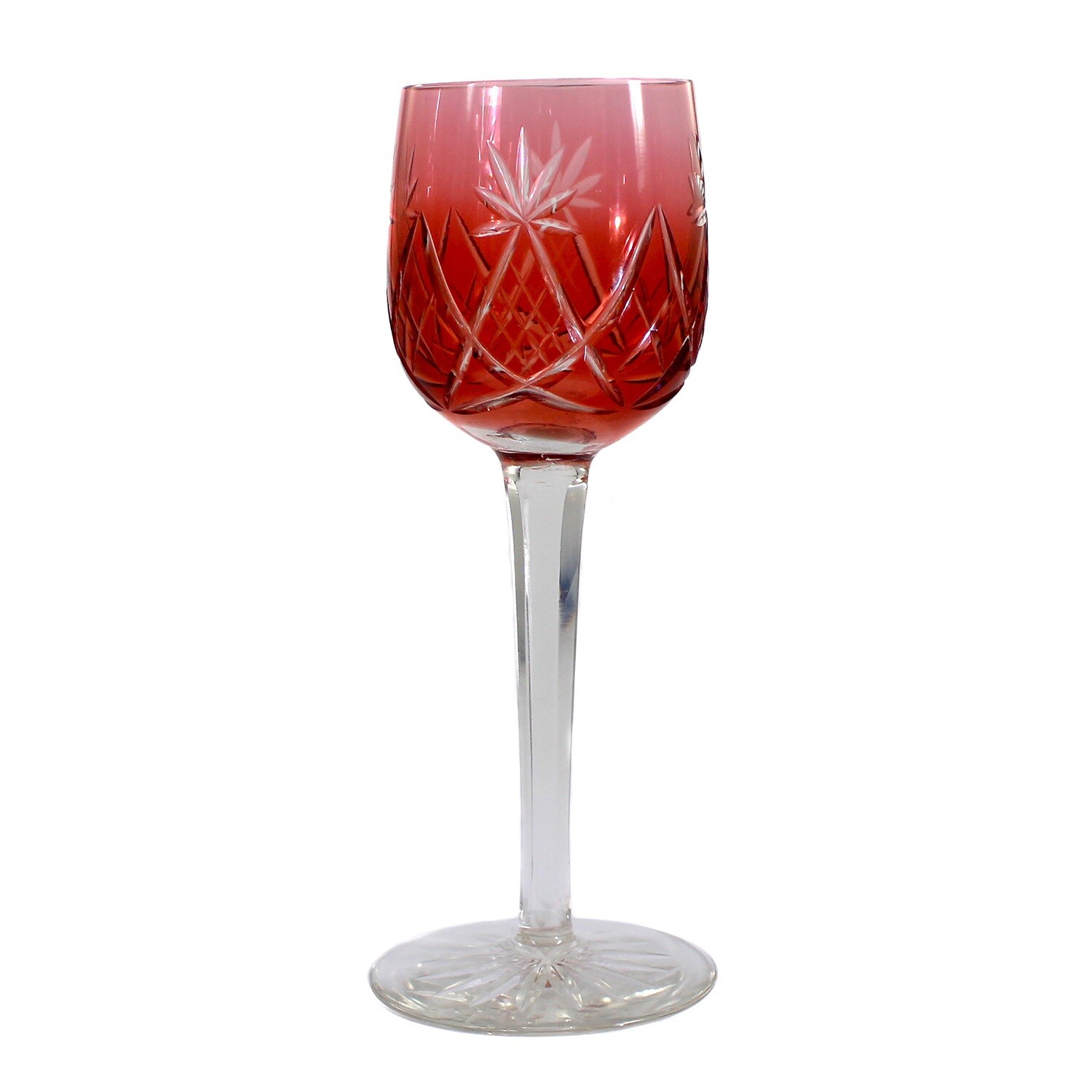 Stem glass with orange-red overlay and decorative cut, Max Kray around 1930