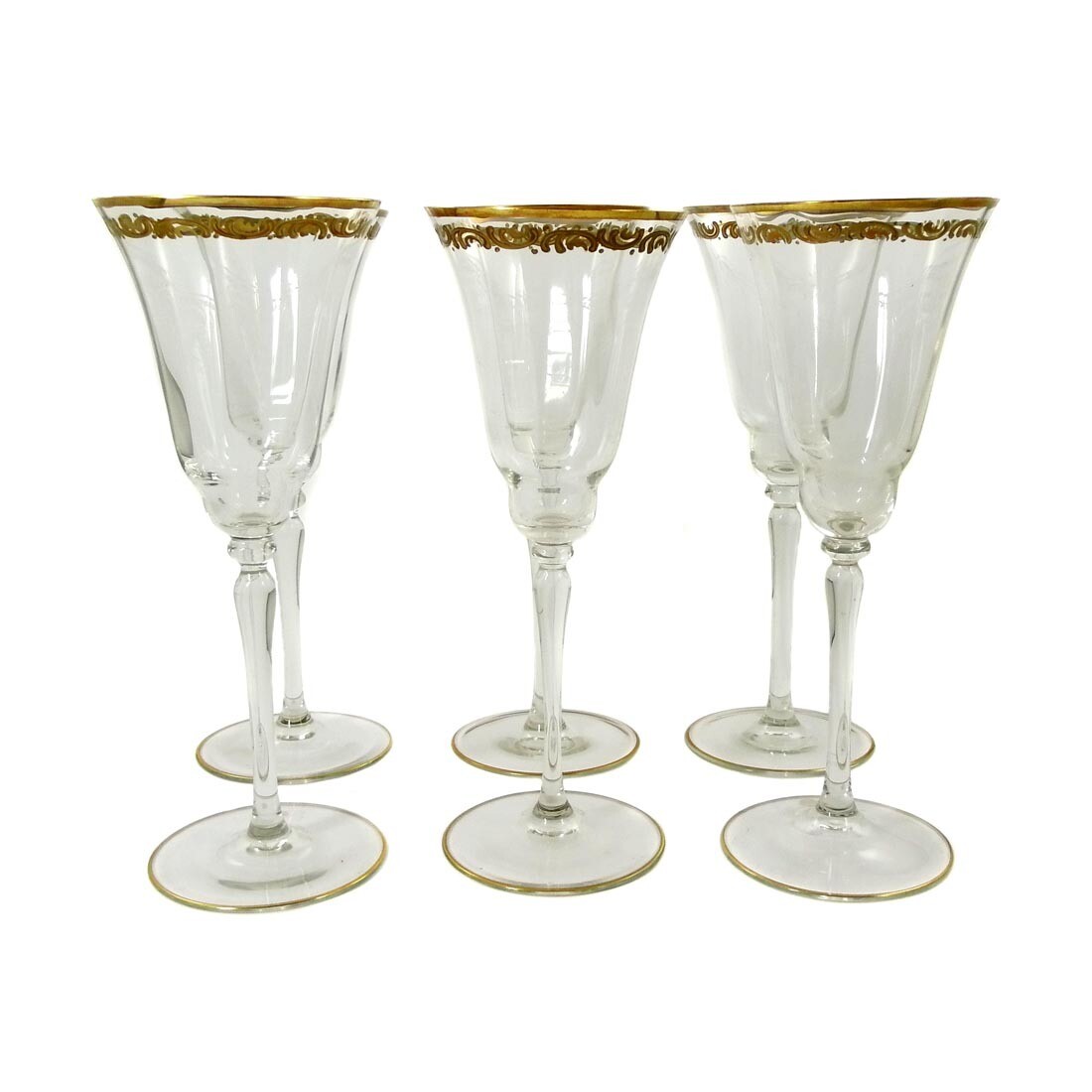1st of 6 sparkling wine glasses with relief gold application, Glashütte Spiegelau around 1920-30
