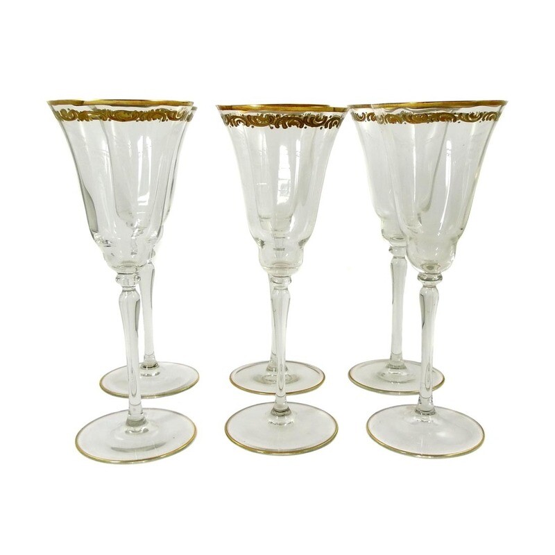1st of 6 sparkling wine glasses with relief gold application, Glashütte Spiegelau around 1920-30