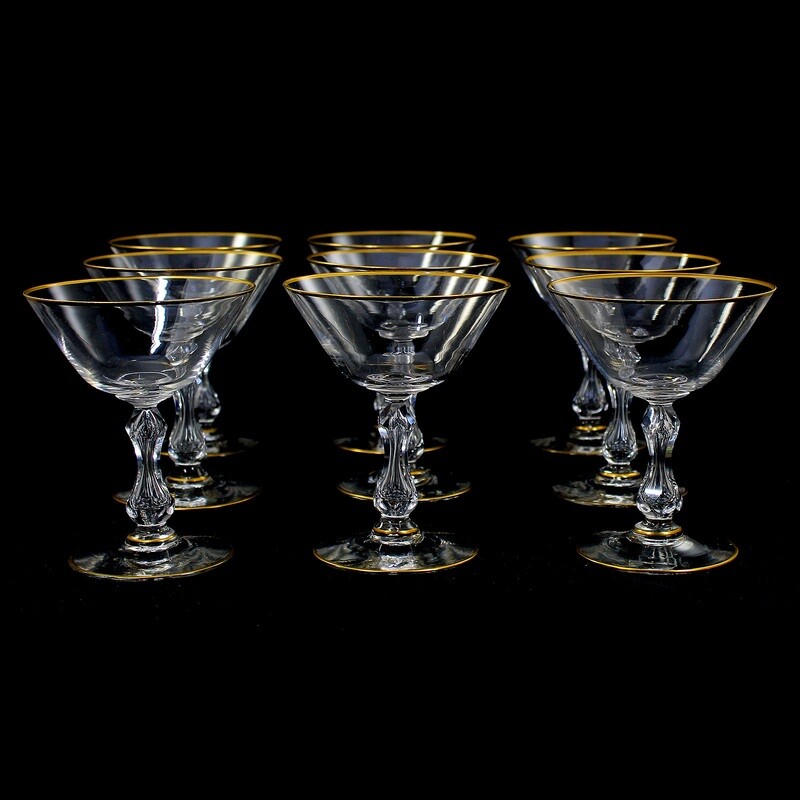 1st of 9. Cocktail champagne bowls made of colorless glass with polished gold rim, St. Louis
