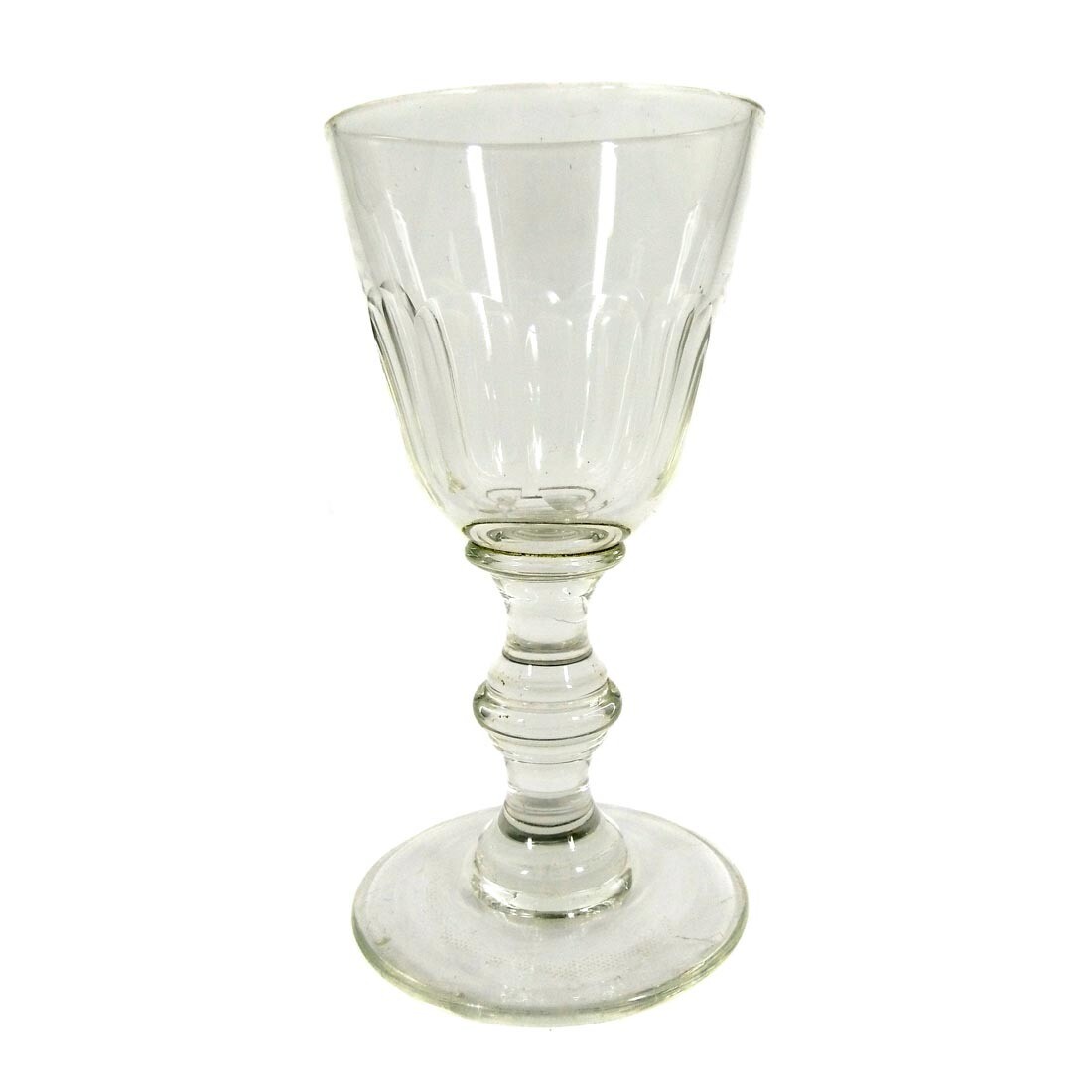 Shot glass made of colorless glass with arched facets &amp; stepped nodus, around 1870-80