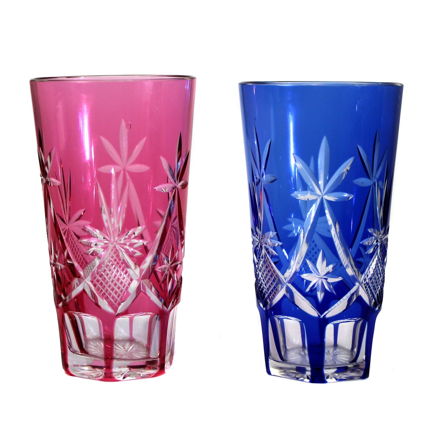 A pair of champagne tumblers with different colored overlays, Poschinger around 1920