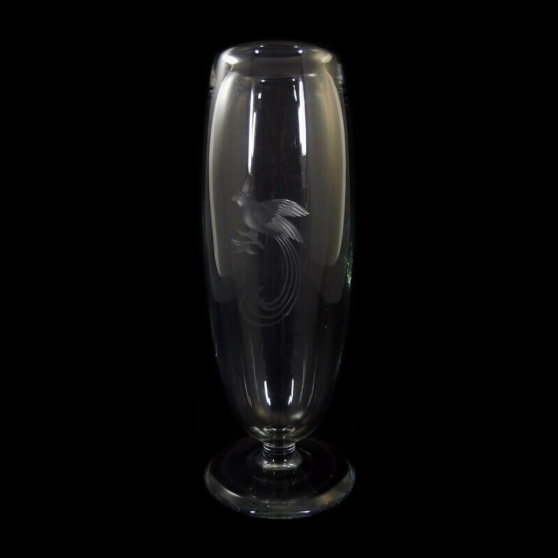 Vase with bird of paradise, Josephinenhütte, cut decor Wenzel Benna
