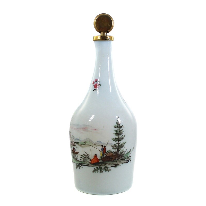 Milk glass bottle with stopper and colorful enamel painting, Bohemia around 1790.
