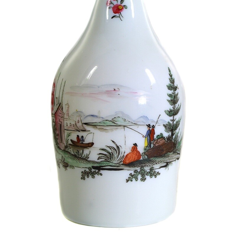 Milk glass bottle with stopper and colorful enamel painting, Bohemia around 1790.