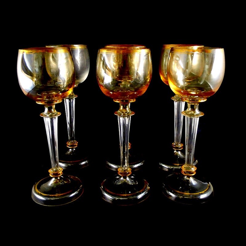 1st of 5. Stem glass with amber-colored luster, F. Heckert, Sütterlin