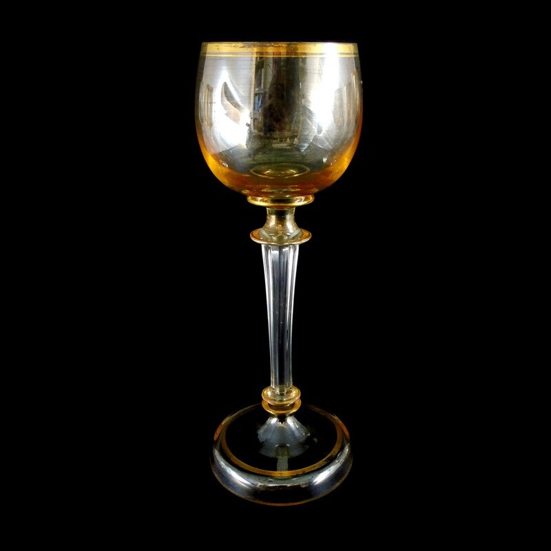 1st of 5. Stem glass with amber-colored luster, F. Heckert, Sütterlin