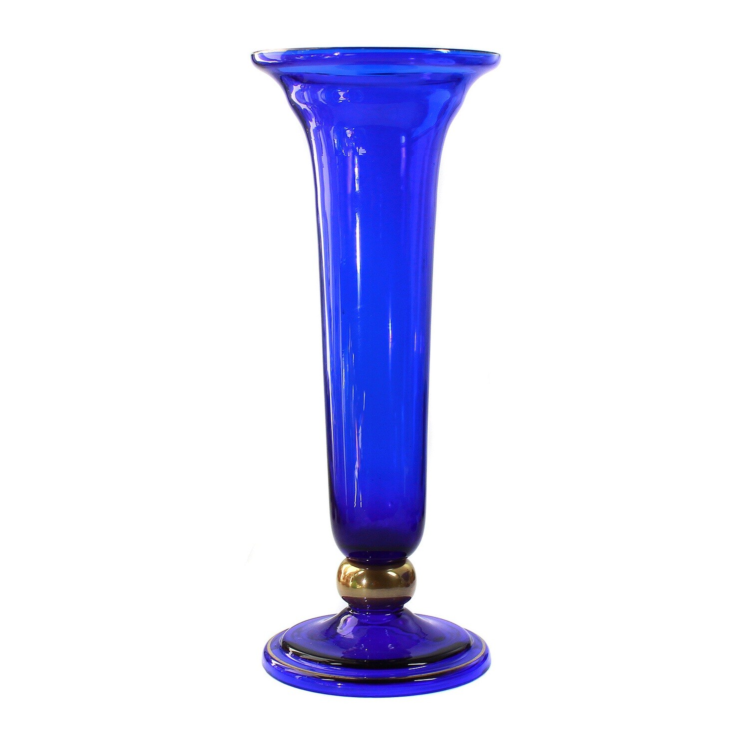 Trumpet-shaped blue glass vase with golden nodus, sign. Jean Beck