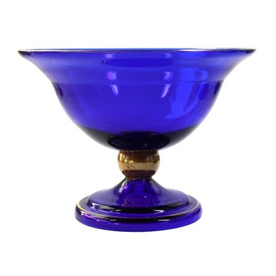 Trumpet-shaped blue glass vase with golden nodus, sign. Jean Beck