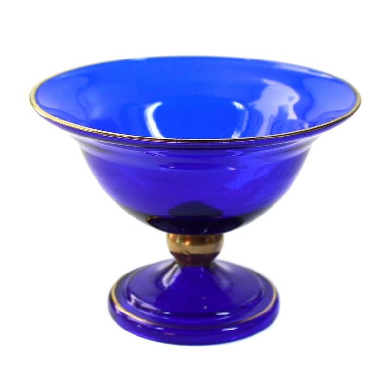 Trumpet-shaped blue glass vase with golden nodus, sign. Jean Beck