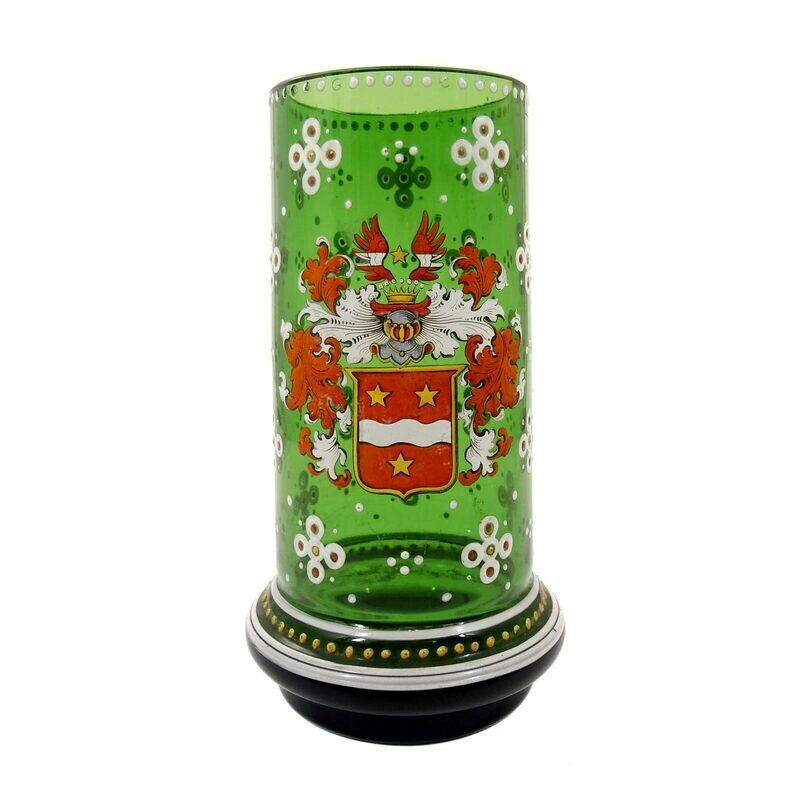 Cup made of dark green glass with a coat of arms depicted in polychrome enamel