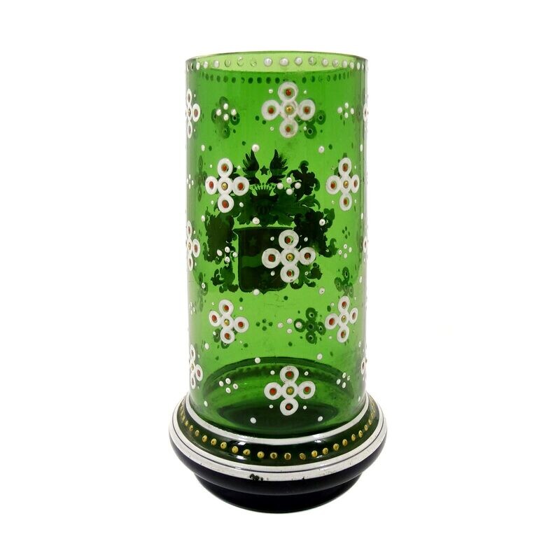 Cup made of dark green glass with a coat of arms depicted in polychrome enamel