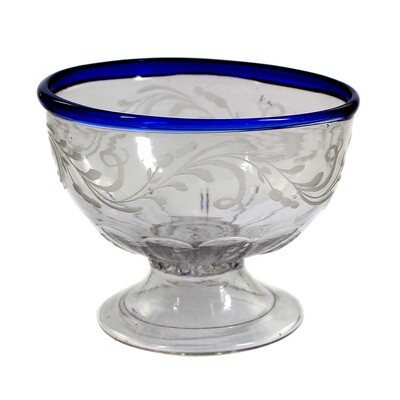 Footed bowl, drinking bowl made of colorless glass with applied blue thread, 18th century.