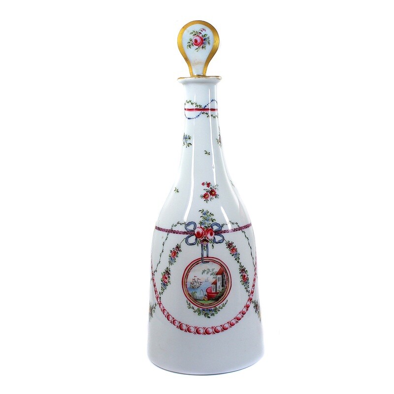 Large milk glass bottle with stopper and colorful enamel painting, Bohemia around 1770.