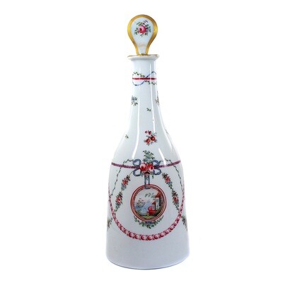 Large milk glass bottle with stopper and colorful enamel painting, Bohemia around 1770.