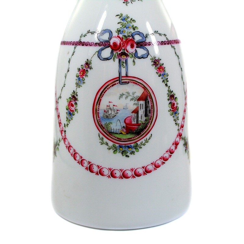 Large milk glass bottle with stopper and colorful enamel painting, Bohemia around 1770.