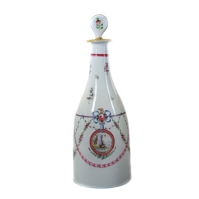 Large milk glass bottle with stopper and colorful enamel painting, Bohemia around 1770.