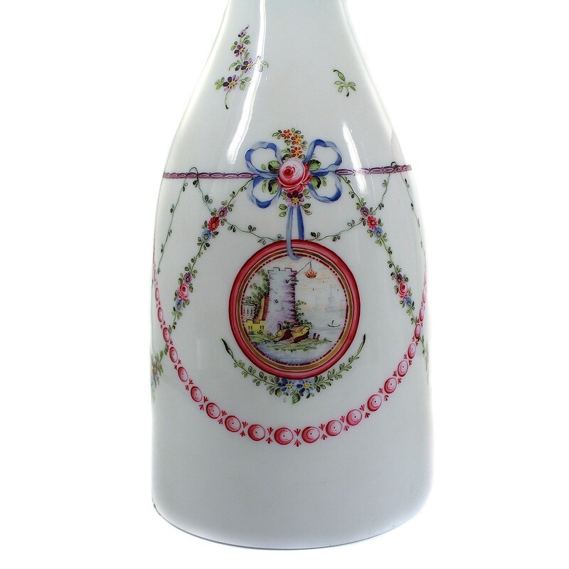 Large milk glass bottle with stopper and colorful enamel painting, Bohemia around 1770.