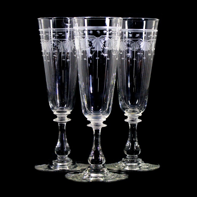 1st of 3. Champagne glass with decorative cut decoration, Theresienthal, service M around 1900