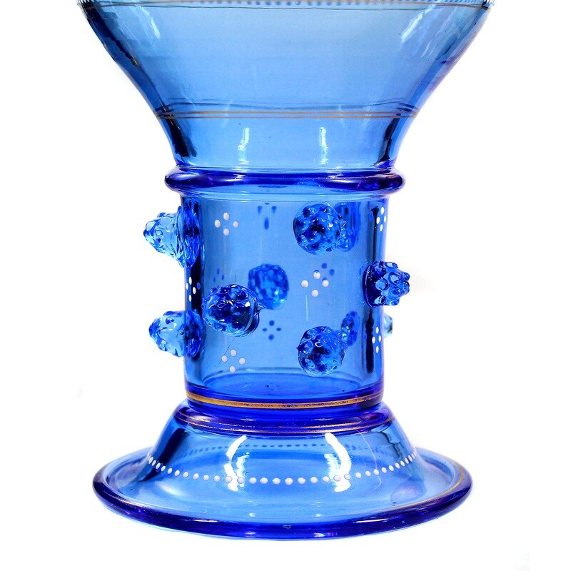 Rare cup made of aquamarine blue glass with mythical creatures, F. Heckert, duck. Jumble