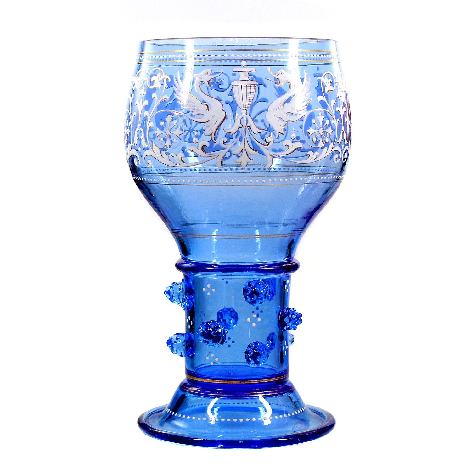 Rare cup made of aquamarine blue glass with mythical creatures, F. Heckert, duck. Jumble