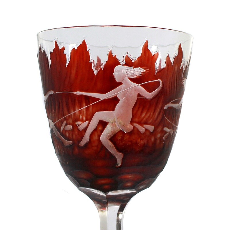 Stem glass with ruby red overlay from the set of four elements, Neuwelt around 1926