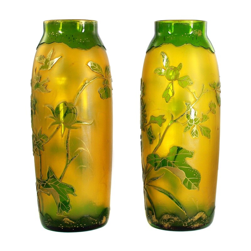 Pair of Art Nouveau vases with overlay and polished gold painting, Neuwelt around 1899