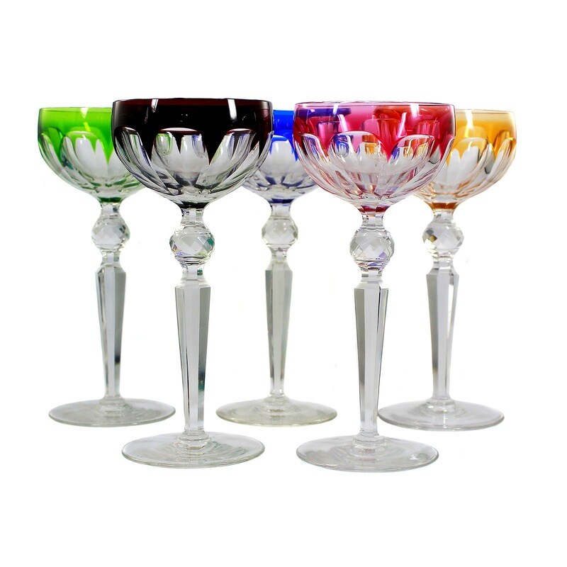 5 champagne bowls with overlay and faceted ball nodus, probably Josephinenhütte