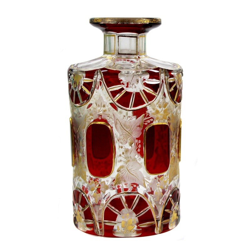 1st of 2nd bottle with rectangular fields and decorative cut decoration, Josephinenhütte around 1900