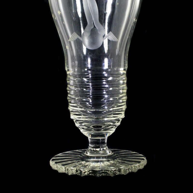 Tall vase made of colorless glass with a female nude, designed by Alexander Pfohl around 1933-45