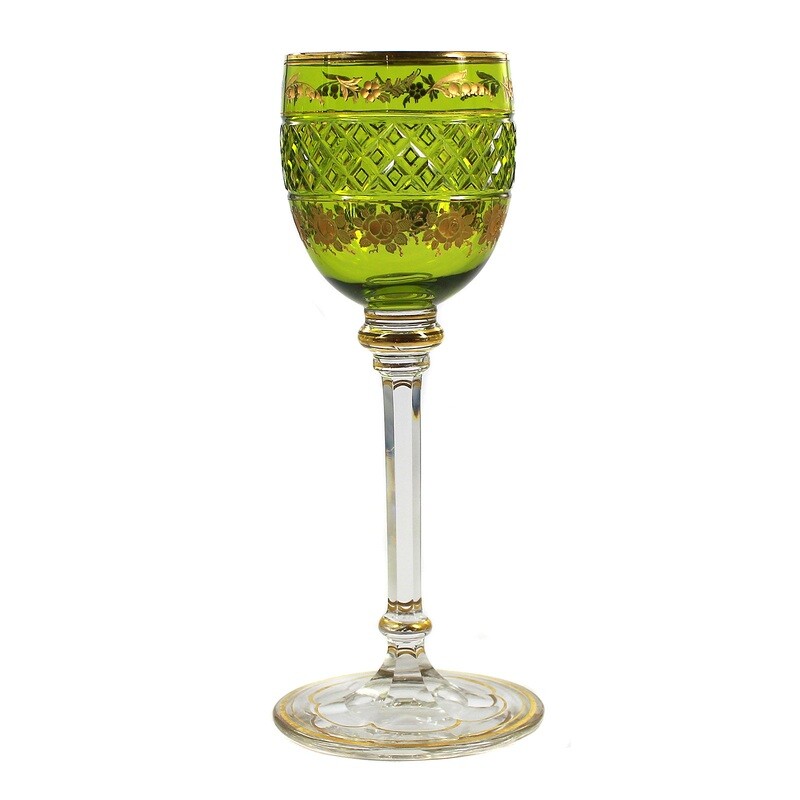 1st of 8. Stem glass with overlay and gilded deep-cut roses, Josephinenhütte around 1890