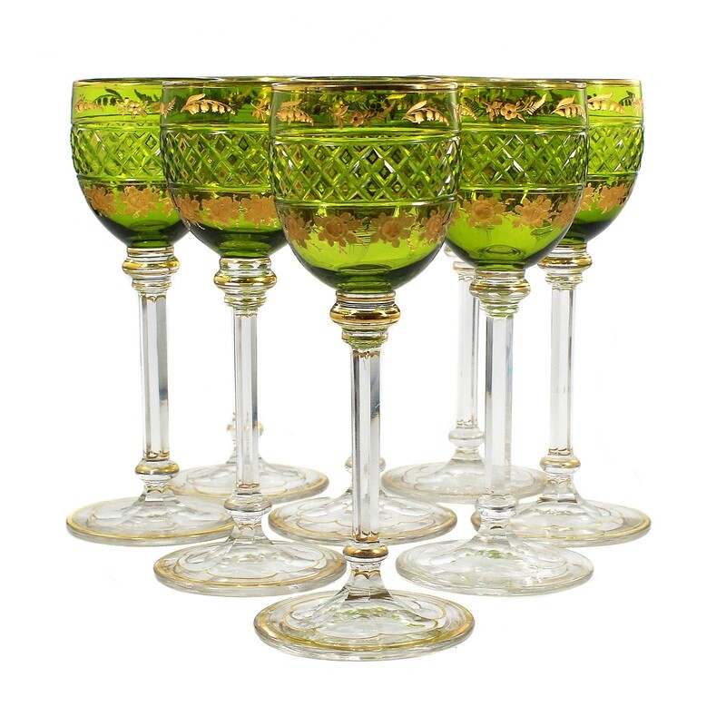 1st of 8. Stem glass with overlay and gilded deep-cut roses, Josephinenhütte around 1890
