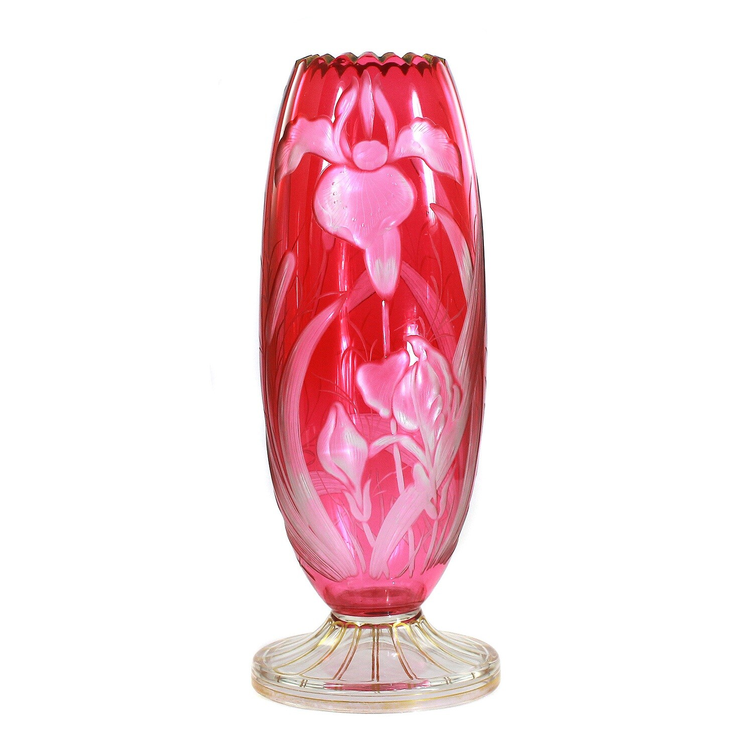 Vase with gold ruby overlay and polished deep engraving of iris flowers, probably Josephinenhütte