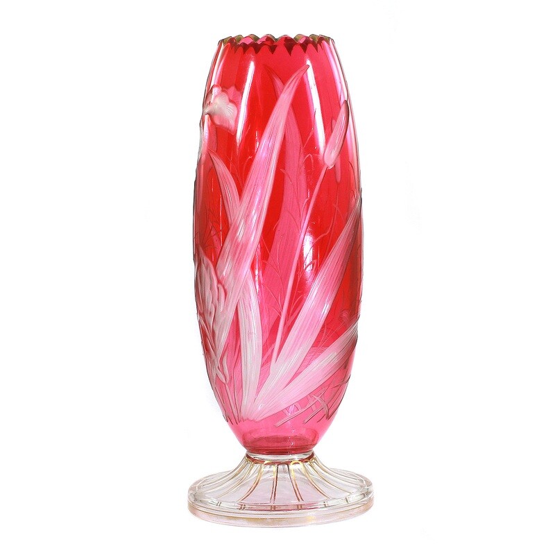 Vase with gold ruby overlay and polished deep engraving of iris flowers, probably Josephinenhütte