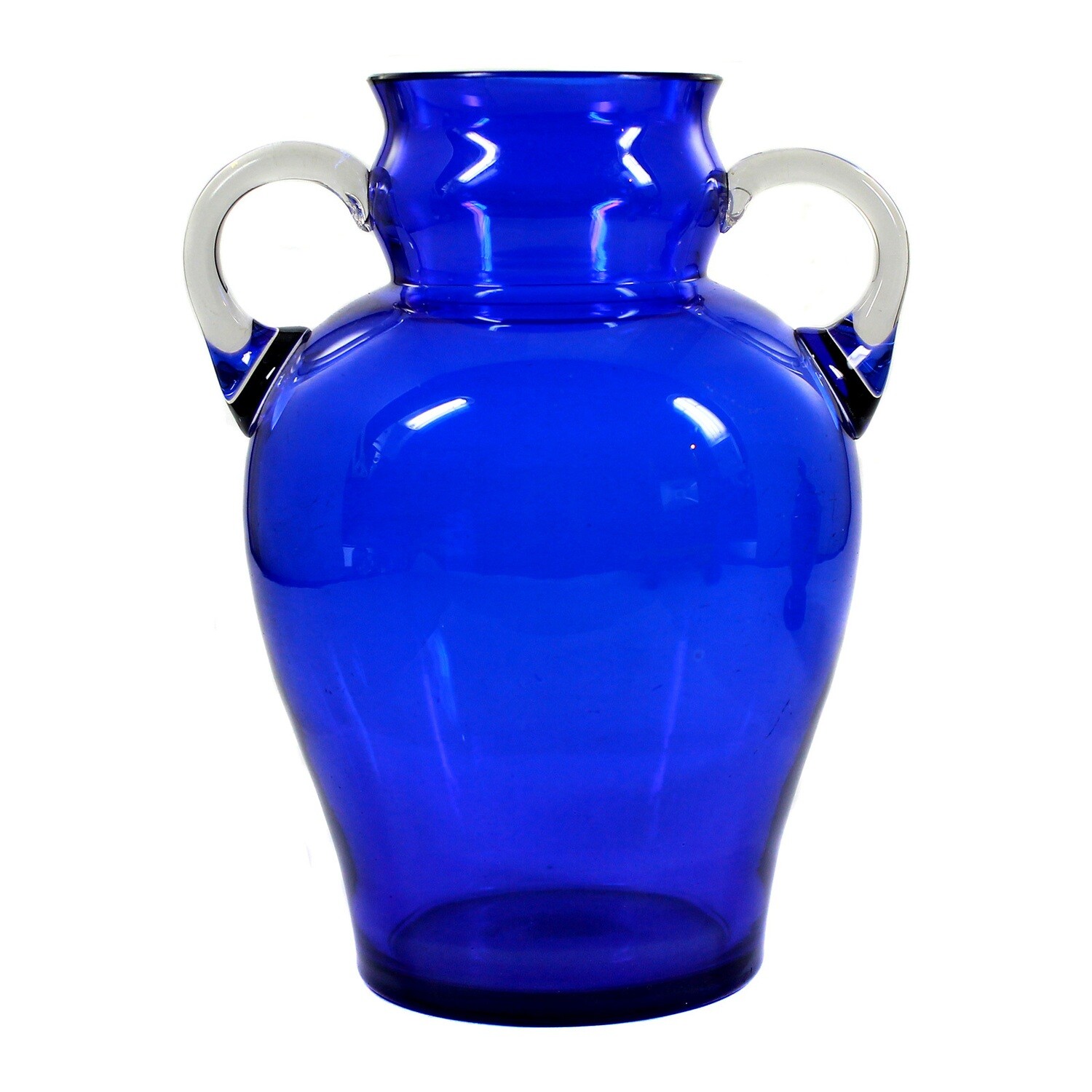 Vase made of colorless glass with a light blue base and attached handle, signed. J. Beck