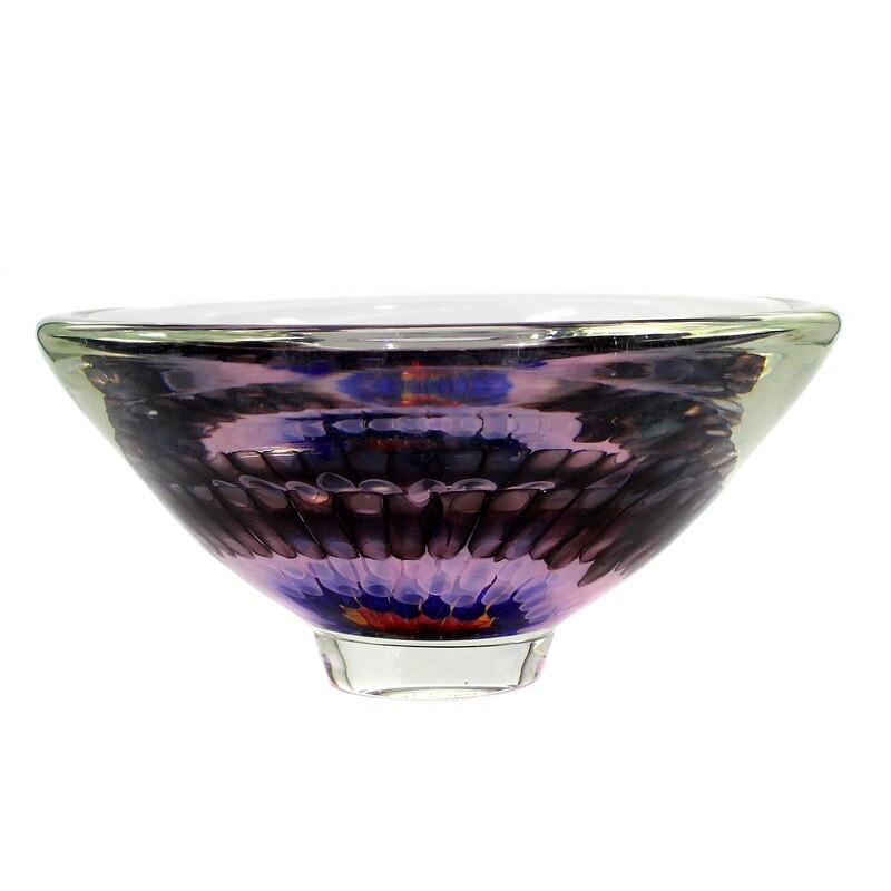 Heavy bowl with melted glass rods, signed Gary Beecham 1982