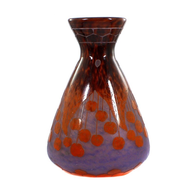 Vase with colored overlay and grape decoration, Le Verre Francais, around 1920