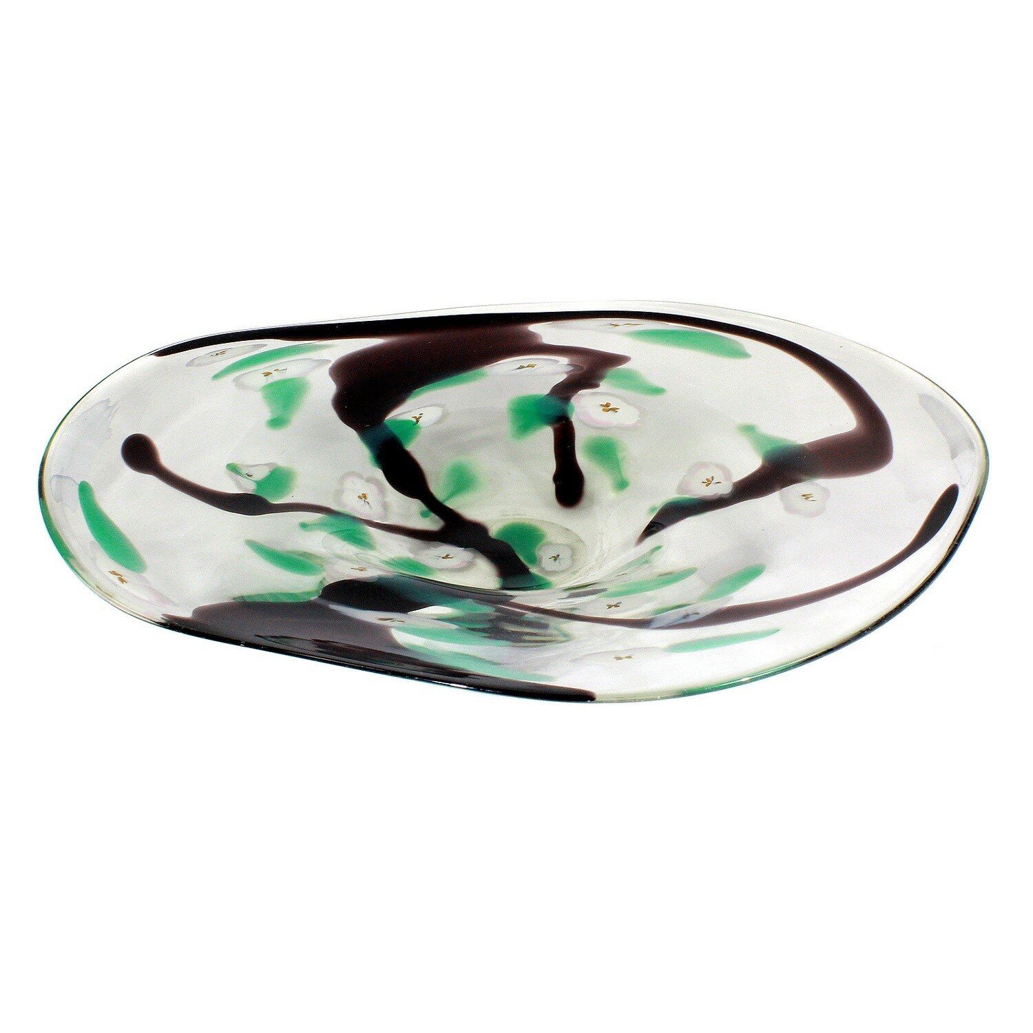 Large art glass bowl made of colorless glass with melted flowers, Finn Lynggaard