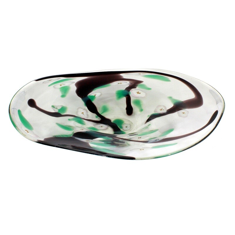Large art glass bowl made of colorless glass with melted flowers, Finn Lynggaard